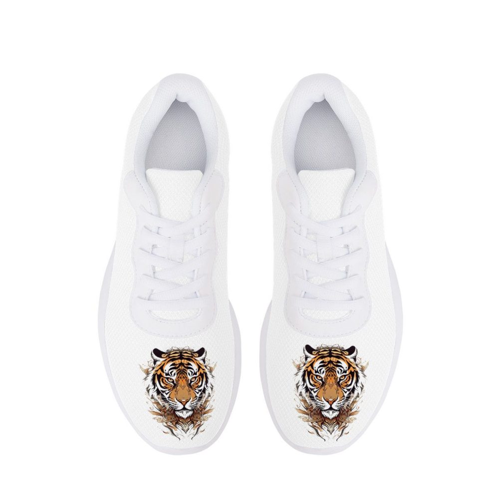 All-White Mesh Sneakers with Watercolor Tiger Accents
